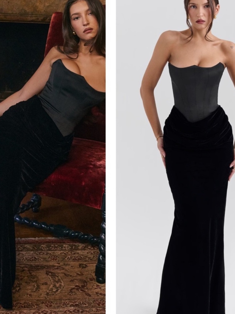House of CB Persephone Strapless Corset Satin & Velvet Mermaid Gown